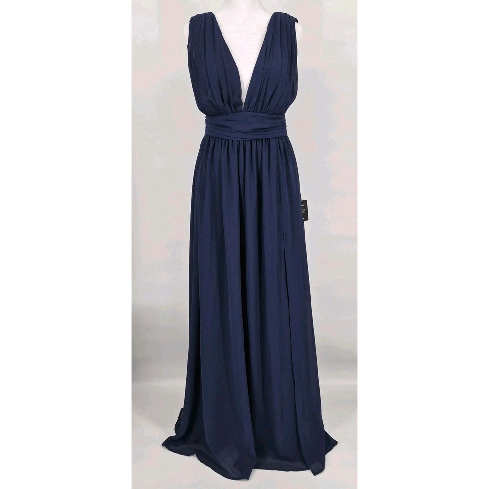 Lulu's Heavenly Hues Navy‎ Blue Maxi Dress NWT Plunging V-Neck Chiffon Gown Sz S
